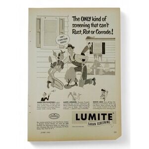 1951 Lumite Saran Screen Print Ad Cartoon Couple Smiling Original MCM‎ Ephemera